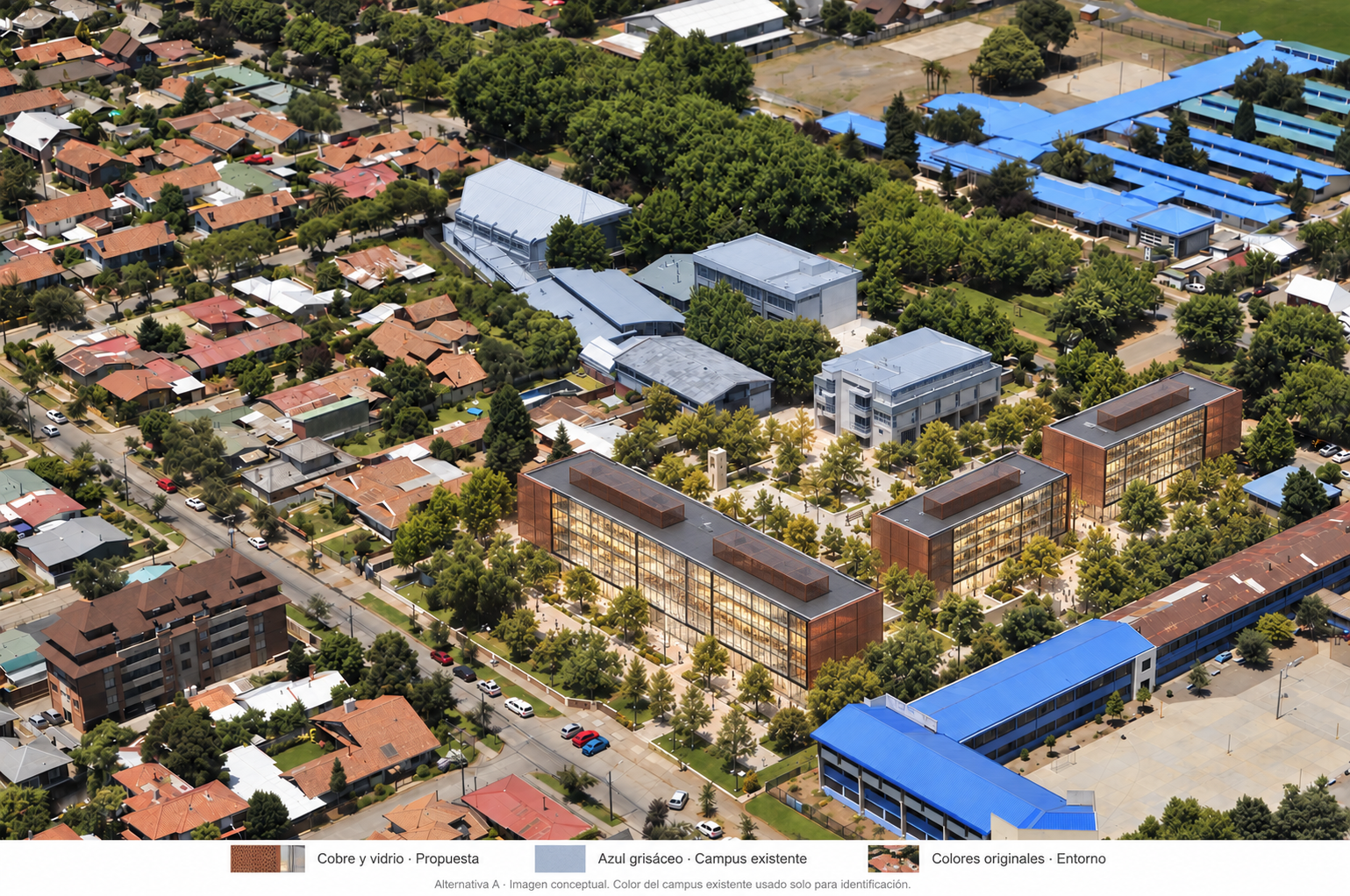 Render referencial de la propuesta con fachadas de cobre y vidrio